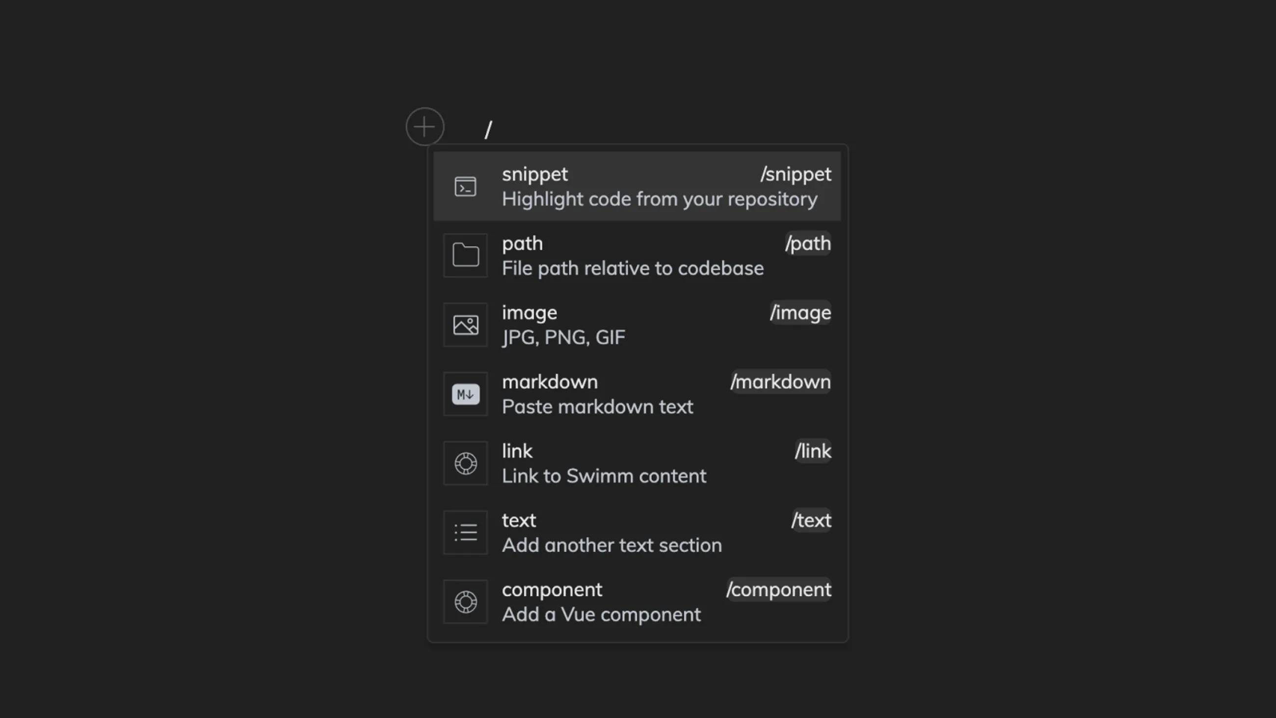 Swimm's document editor slash menu, including an option to insert a live Vue component.