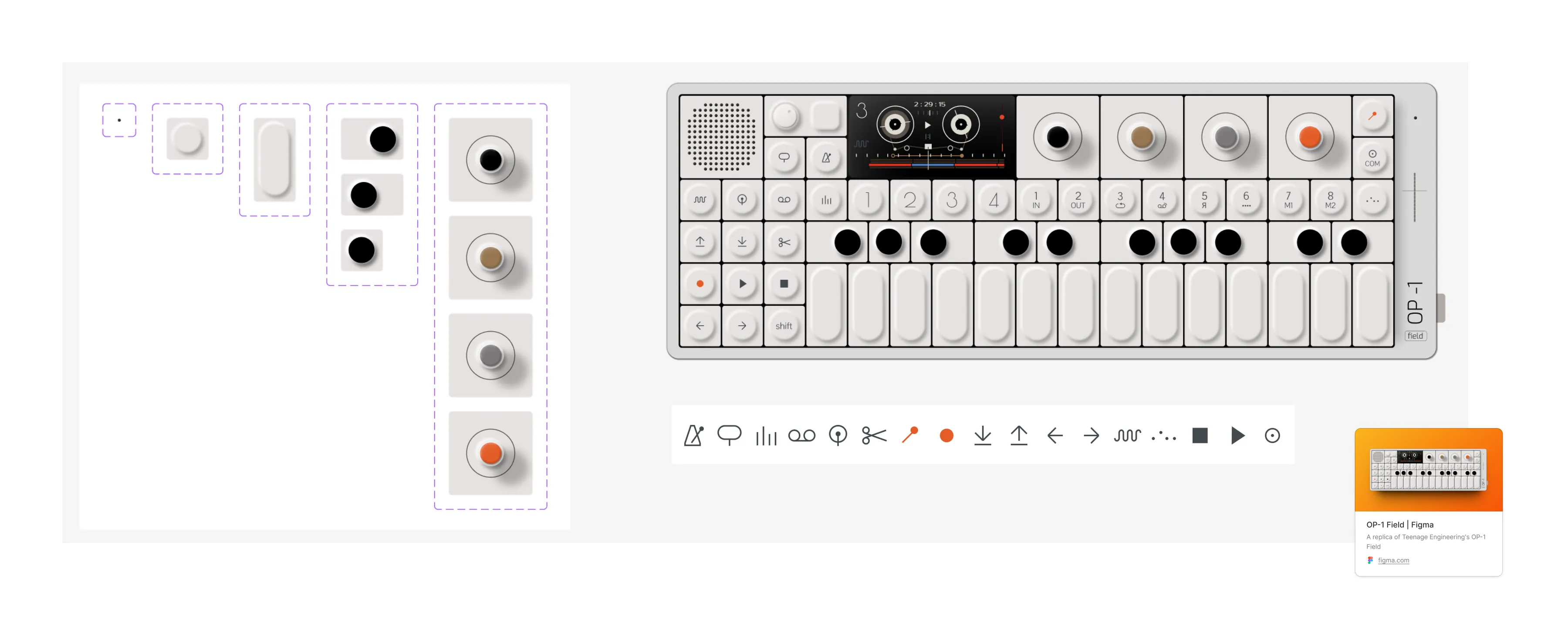 The Figma file: control components broken out on the left, the assembled interface and its icon set on the right.