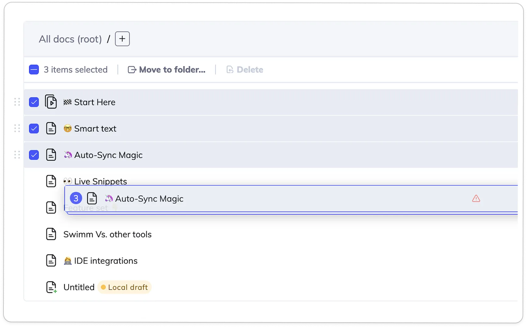 Three documents selected and dragged together; the drag preview carries a count badge and the target shows a warning.