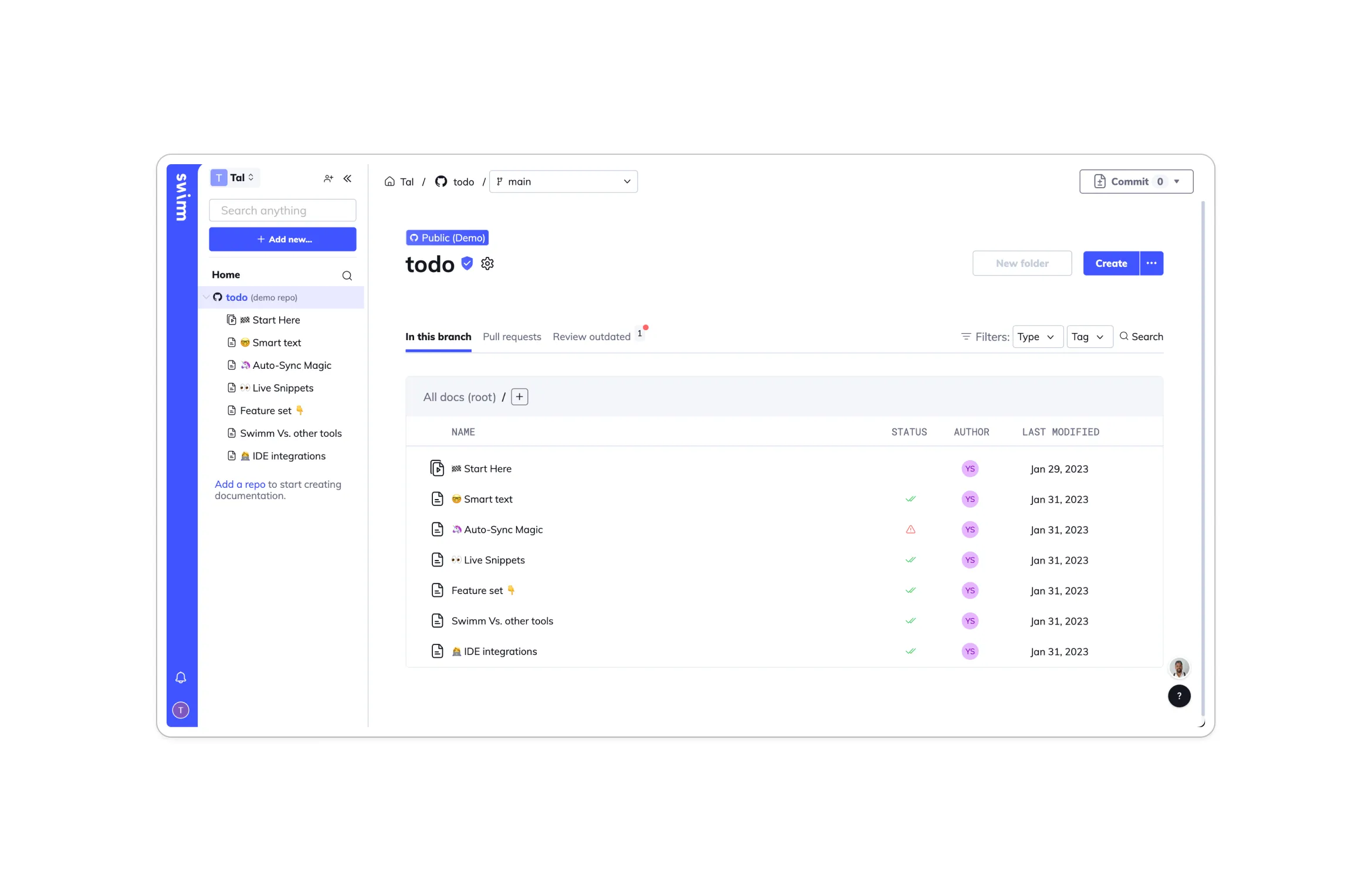 The Swimm app with the repository tree in the sidebar and a branch selector above the document list.