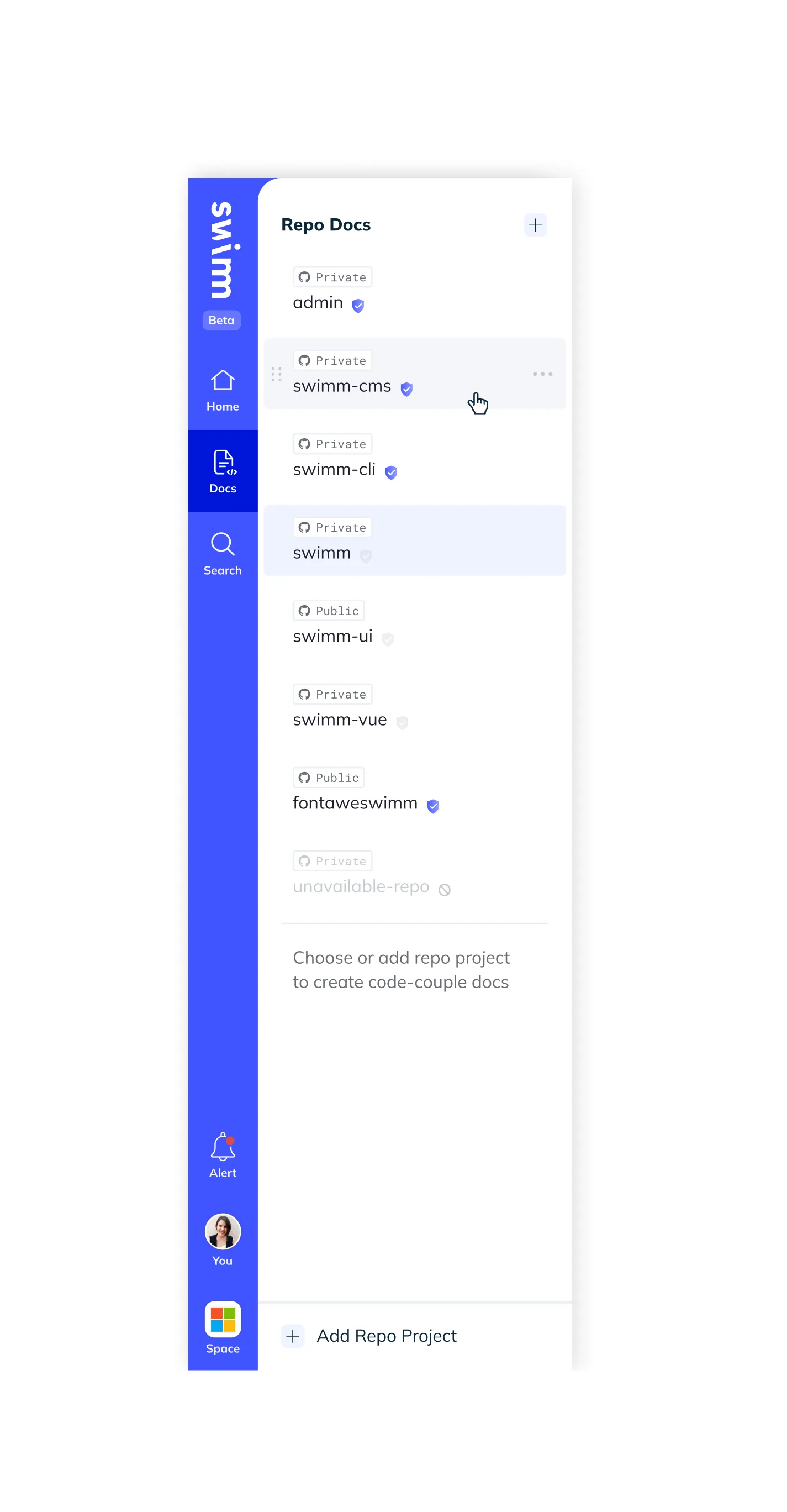 Swimm's redesigned sidebar: a Home, Docs and Search rail beside a list of repository documentation.